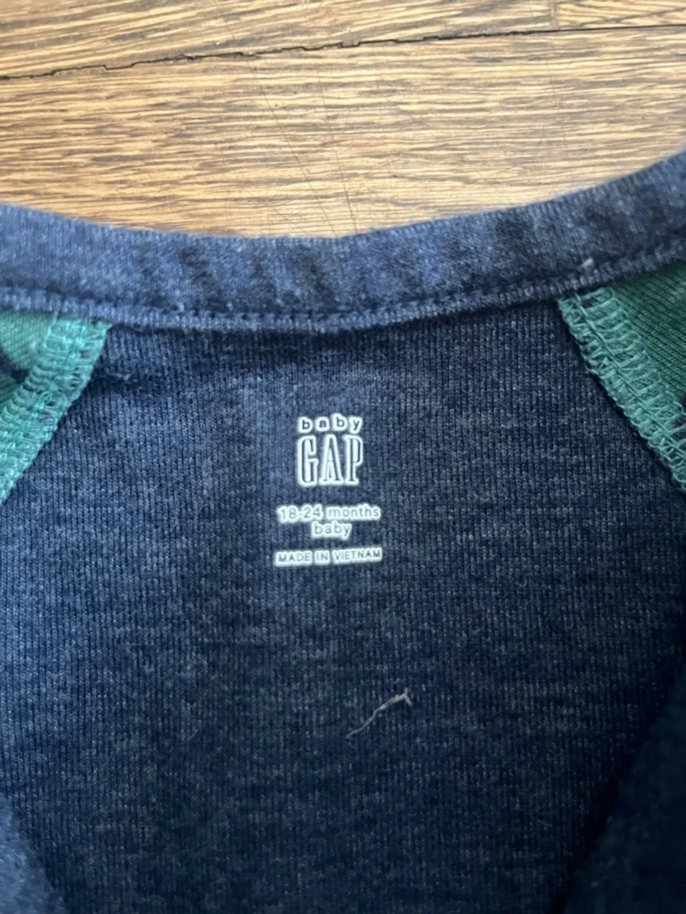 GAP Green Striped Onesie with Navy Raglan Sleeves - Picture 2 of 6